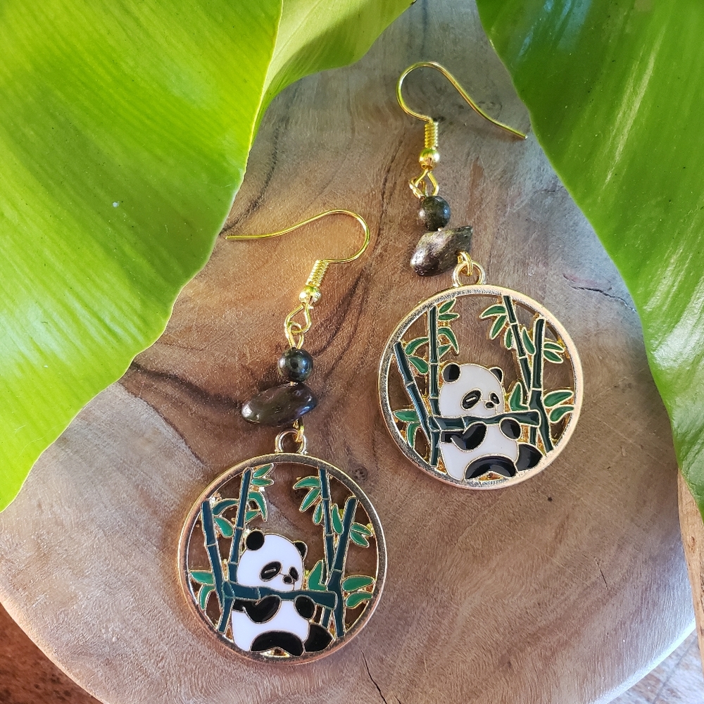 Last Pair Handmade Enamel Panda Earrings with Dragon Blood Stone Cute and Unique